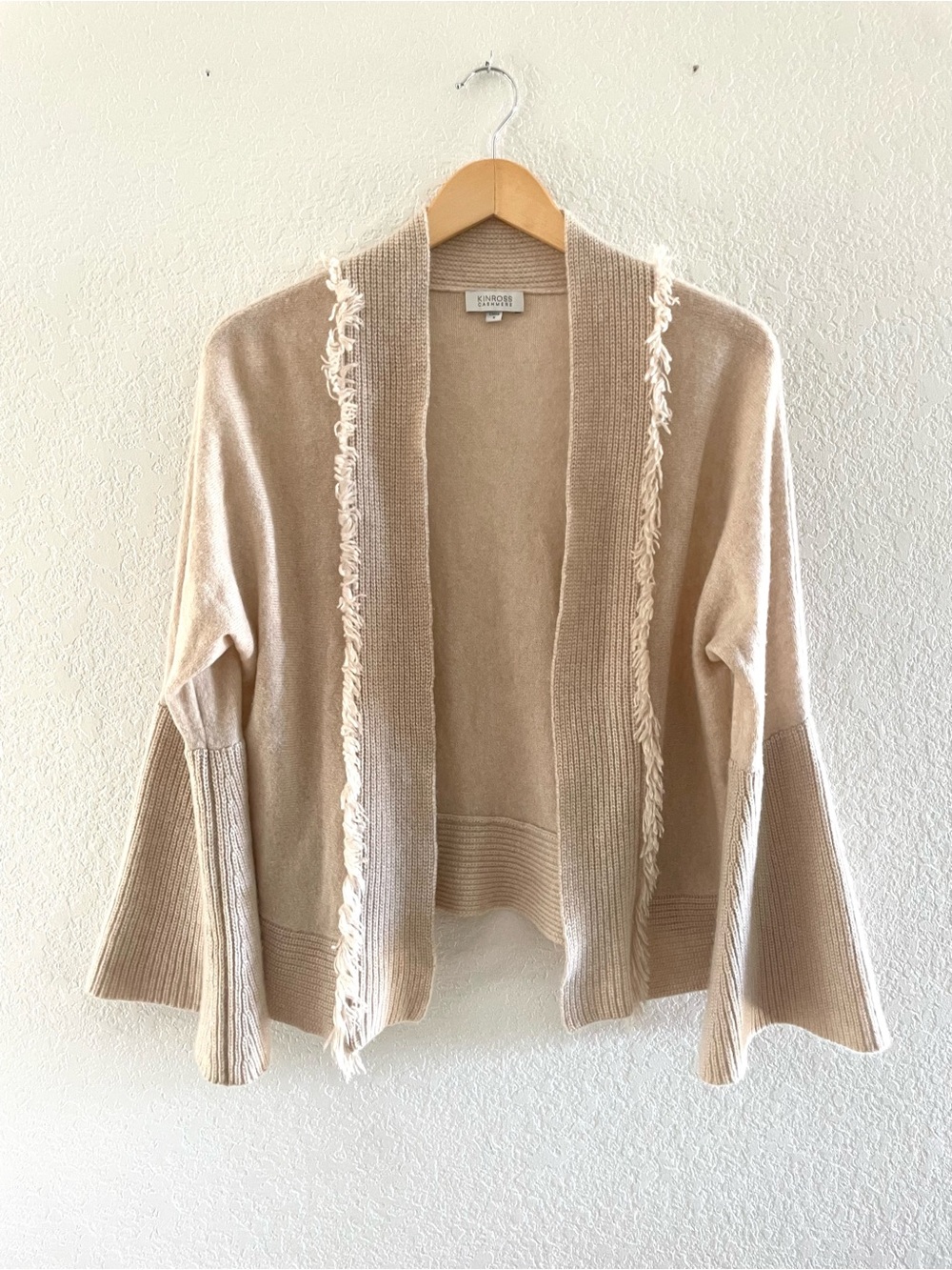 Kinross Cashmere Fringe Open Cardigan Bell Sleeve Sweater Cozy Fall Minimalist